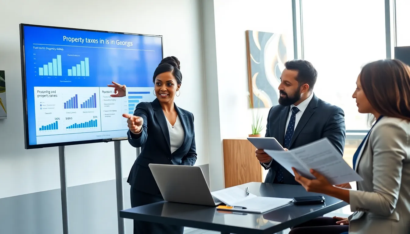 diverse professionals discussing property taxes in a modern office.
