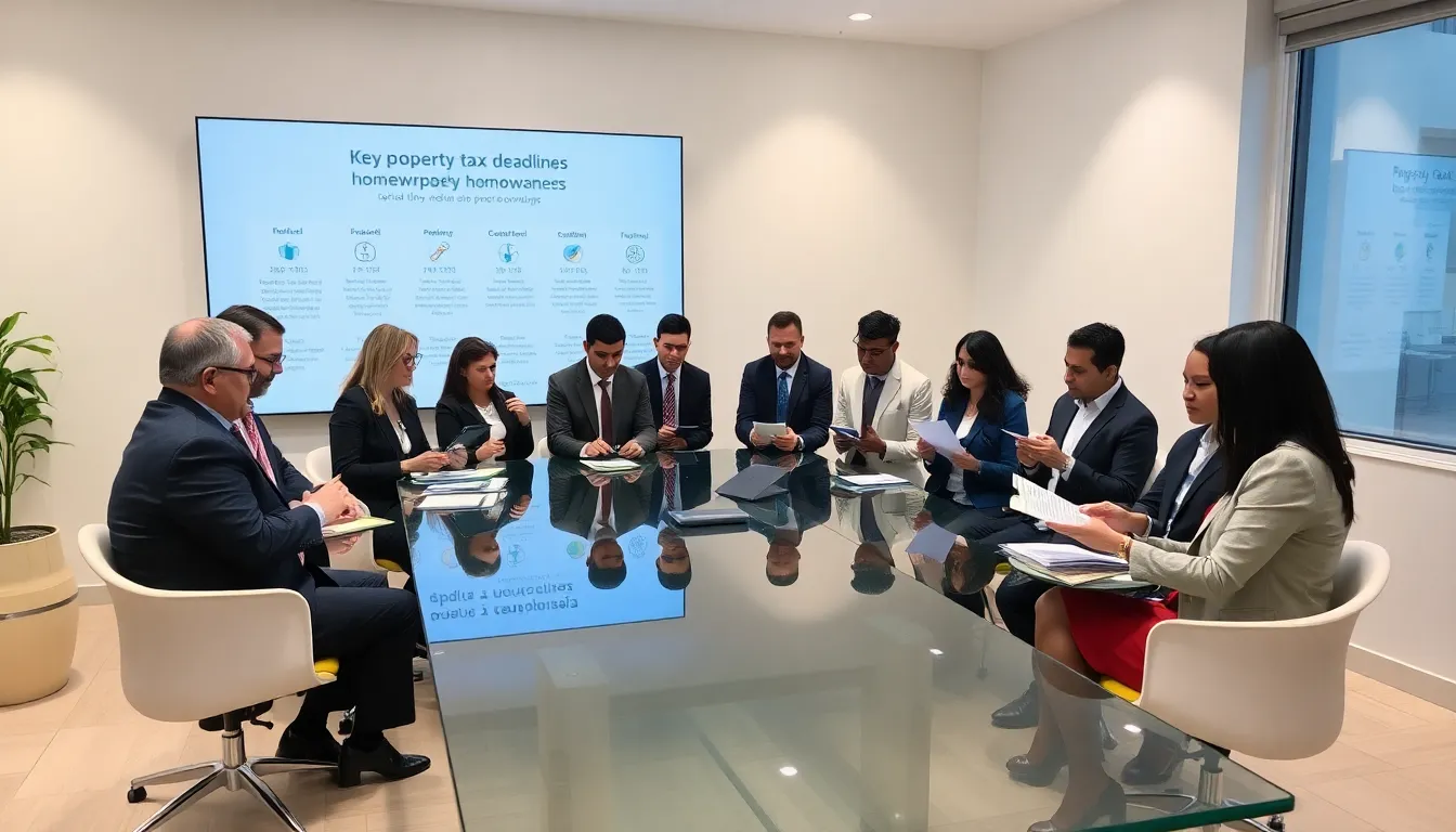 homeowners discussing Cook County property tax deadlines in a modern office.