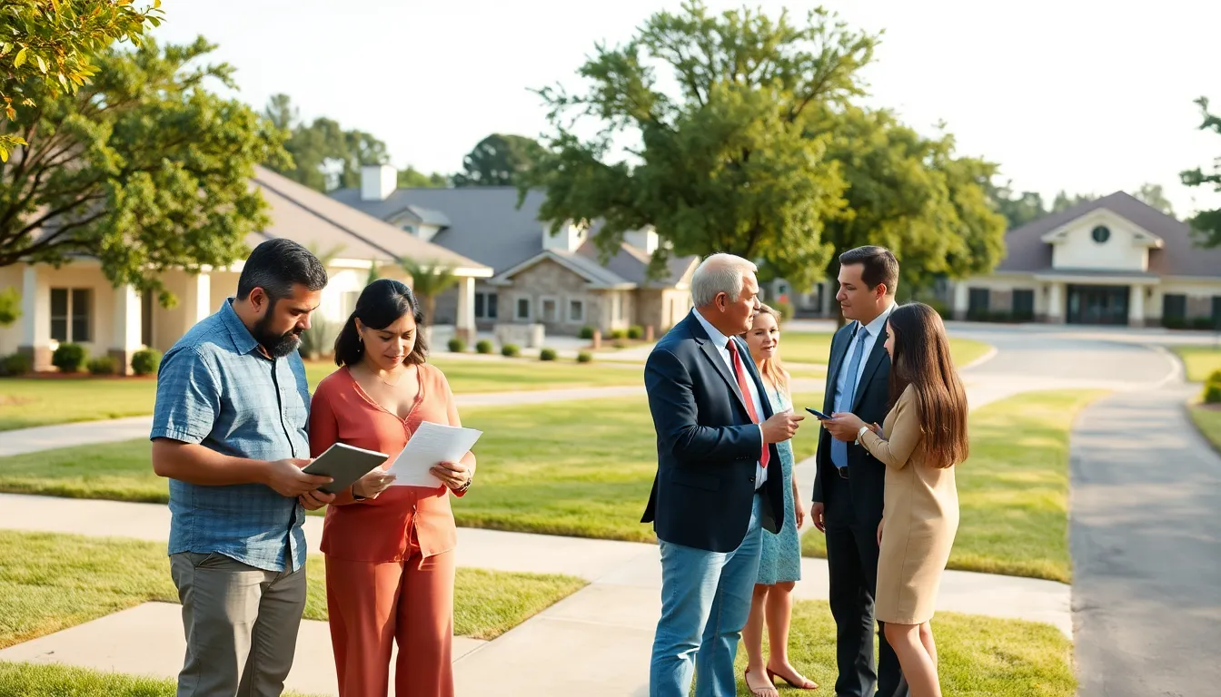 homeowners discussing property taxes in a suburban neighborhood.