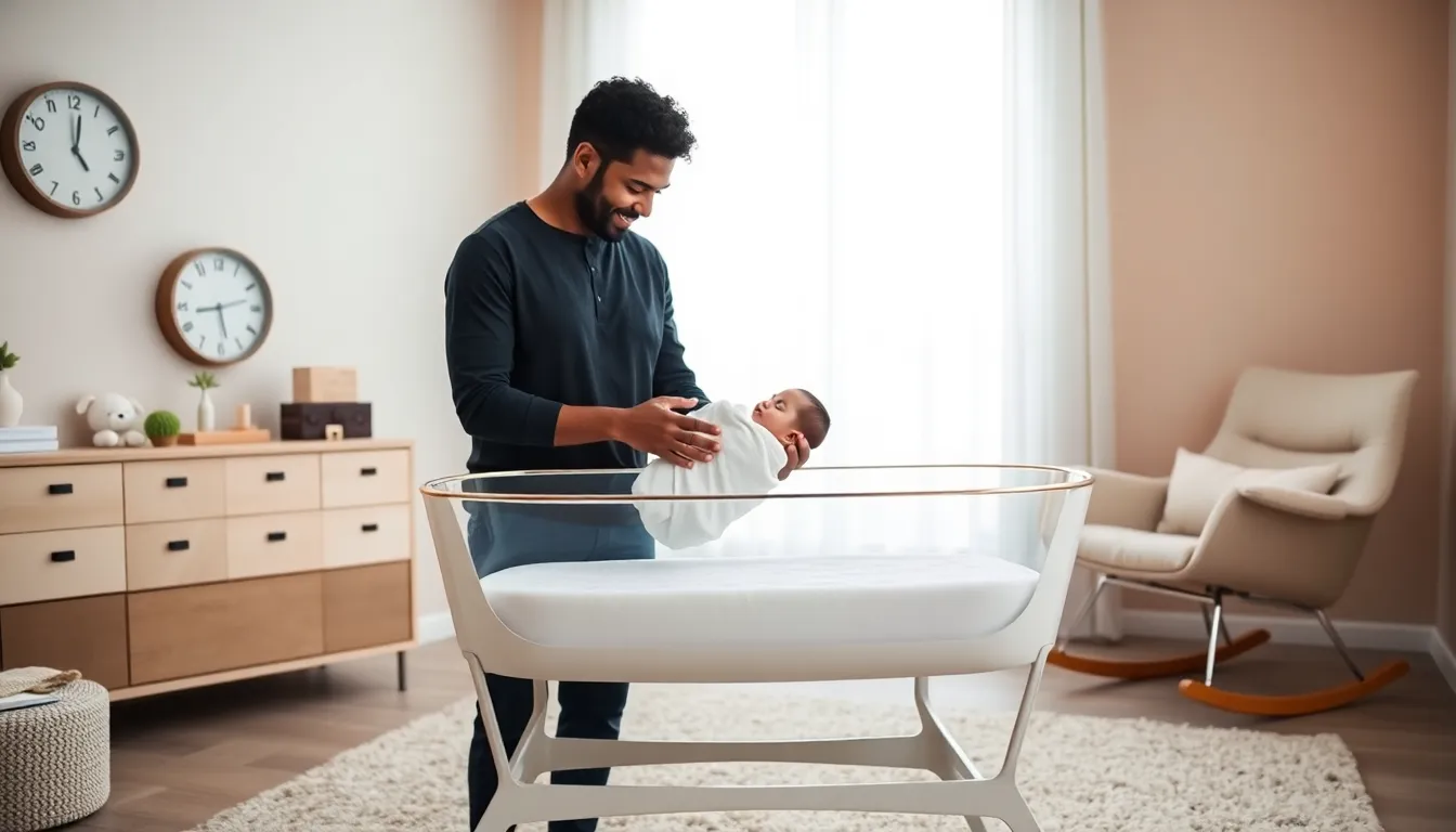 parents soothing a baby in a modern nursery setting.