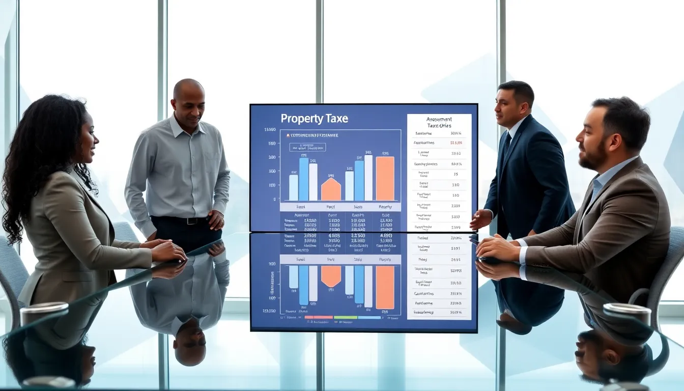 diverse team discussing property tax calculations in a modern office.