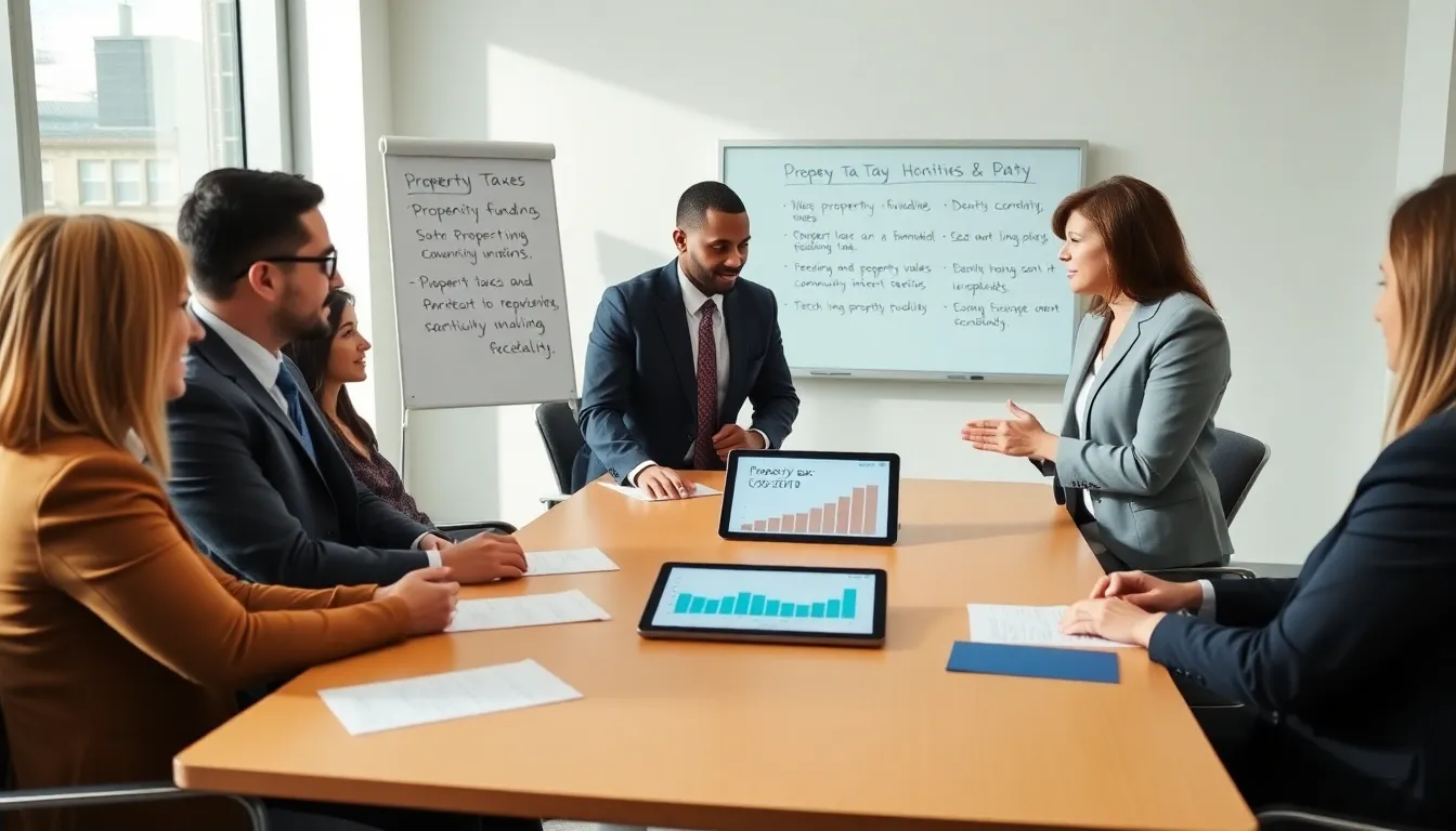 diverse professionals discussing property taxes in a modern office.